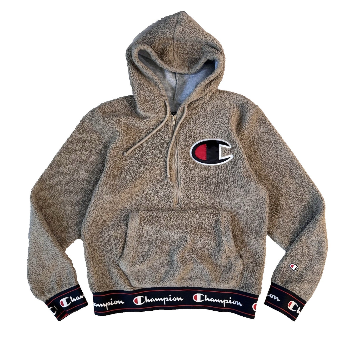 VTG Champion Sherpa Hoodie Sweatshirt Men's Size Medium Big Logo Fleece Tan EUC