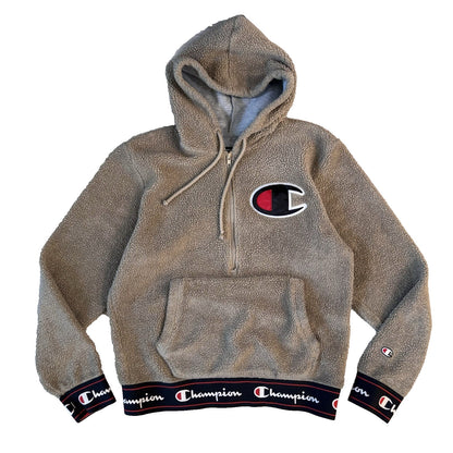 VTG Champion Sherpa Hoodie Sweatshirt Men's Size Medium Big Logo Fleece Tan EUC