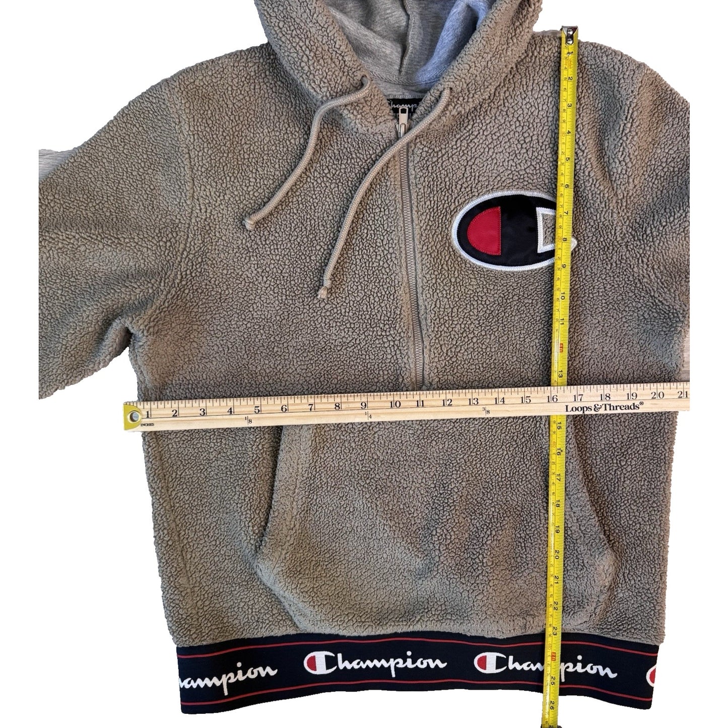 VTG Champion Sherpa Hoodie Sweatshirt Men's Size Medium Big Logo Fleece Tan EUC