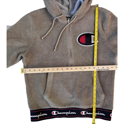 VTG Champion Sherpa Hoodie Sweatshirt Men's Size Medium Big Logo Fleece Tan EUC