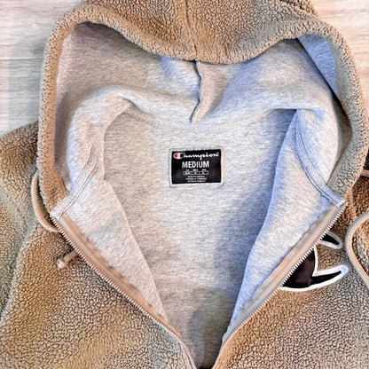 VTG Champion Sherpa Hoodie Sweatshirt Men's Size Medium Big Logo Fleece Tan EUC
