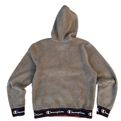VTG Champion Sherpa Hoodie Sweatshirt Men's Size Medium Big Logo Fleece Tan EUC